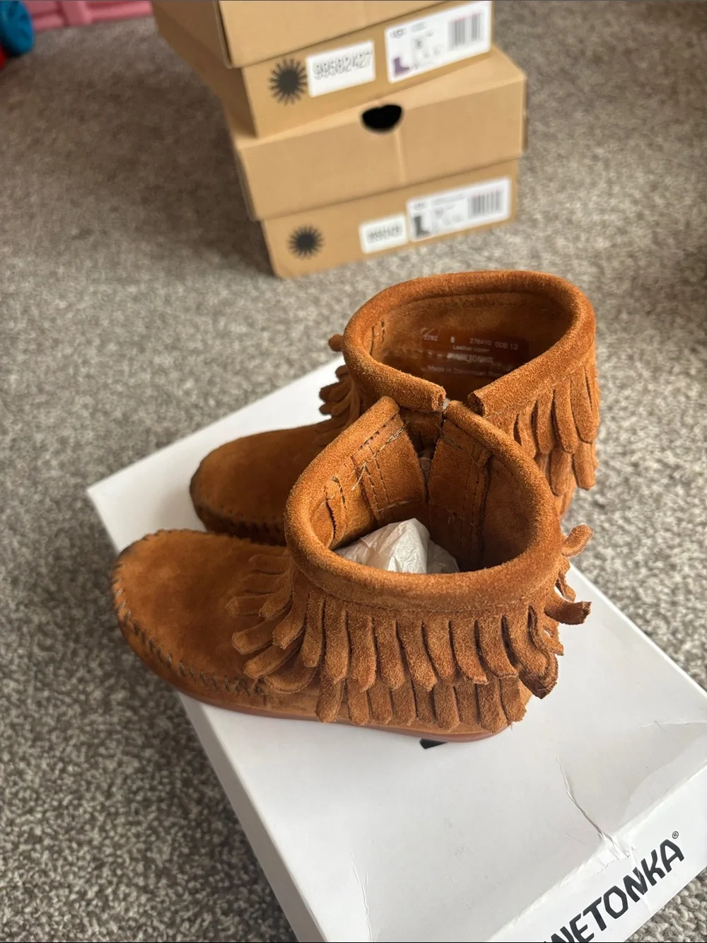Kids Minnetonka Suede Fringe Booties - Tan